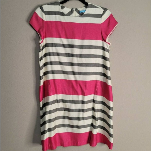J. McLaughlin Striped Cap Sleeve Swing Shift Dress White Pink Gray Size Small - Picture 2 of 7